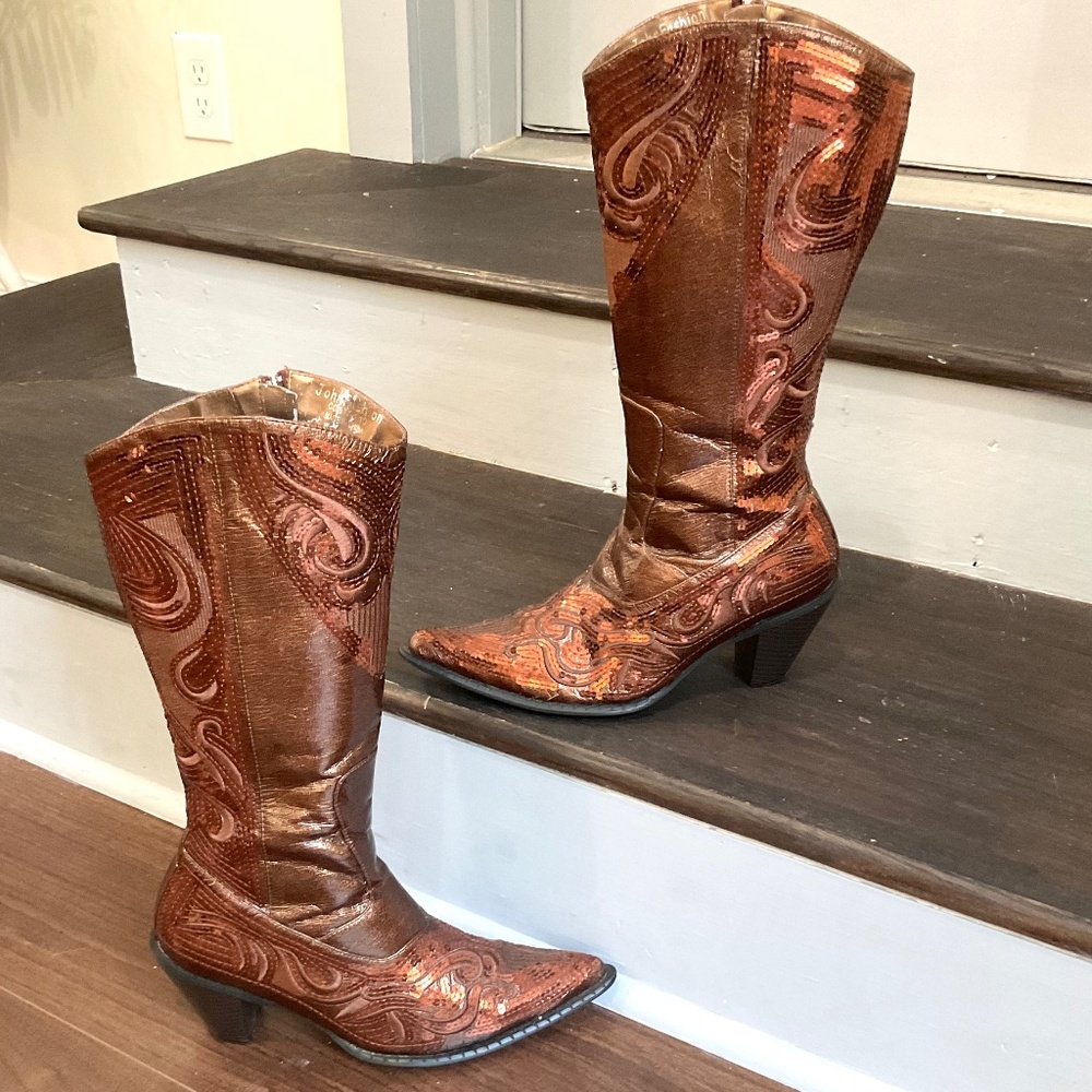 Brown /Cognac John Fashion Sequined Embroidered Pointed Toe Cowboy Boots Sz